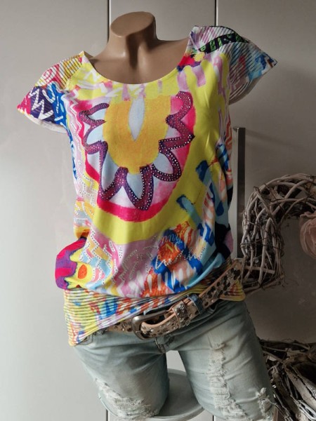 MISSY Tunika Shirt XL 42 bunter Print Ausbrenner breites Bündchen Glitzer Nieten NEU