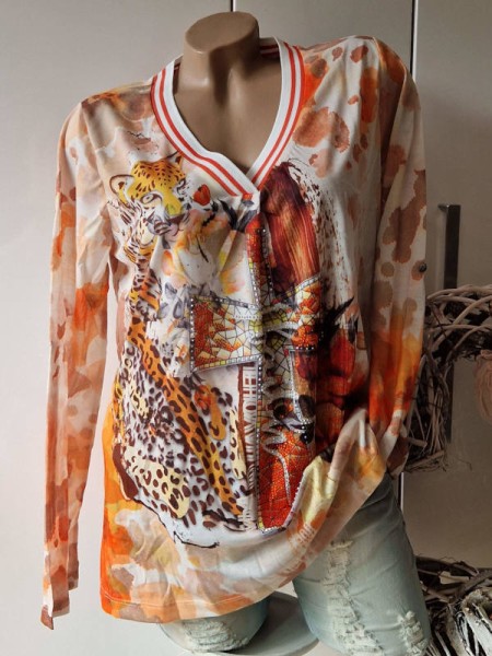 M 38 MISSY V-Neck Tunika Langarmshirt Gallonsreifen stretchig Glitzer Steinchen Neu