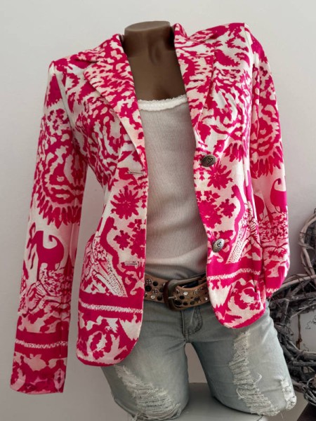 Blazer M 38 Kurzblazer MISSY 2 Knopf Jackett weiss knalliges pink floral bunt Glitzer Nieten