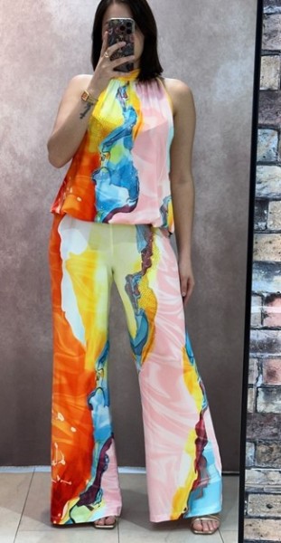 MISSY Palazzohose Hose M 38 butterweich blau gelb orange orange bunt gemustert Glitzer Neu