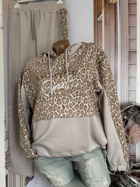 MISSY 2tlg XL 42 Neu Jogginganzug Sweatshirt Hoodie Kapuze und Hose taupe beige Glitzer