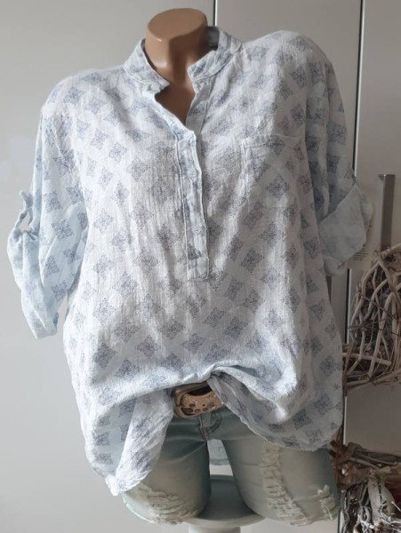 Bluse 38 40 42 Tunika hellblau gemustert Fischerhemd Leinenoptik Hemdbluse Italy Baumwolle
