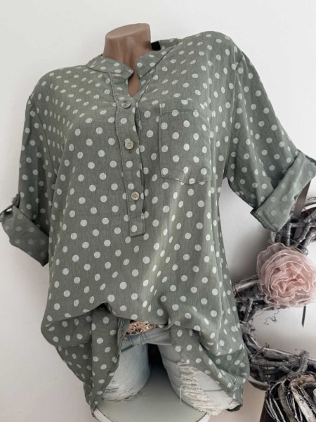 Tunika Bluse NEU Fischerhemd khaki weiss Dots 38-42 Made in Italy