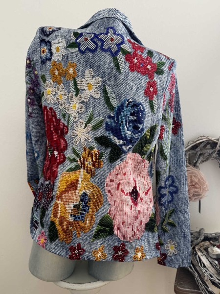 MISSY Blazer XL 42 Jackett Glitzer Steinchen Jeansoptik und Perlenstickereiprint gemustert Neu Stras
