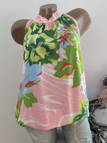 L 40 MISSY Top Tunika Ballonform Saumende Gummizug rosa grün blau floral Glitzer hinten zum binden