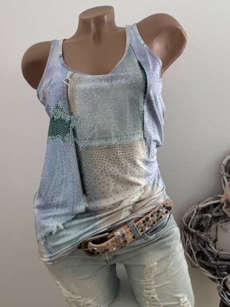 MISSY XL 42 Trägertop Top Longtop Patchwork Destroyed Peacezeichen Print Glitzer Nieten Neu