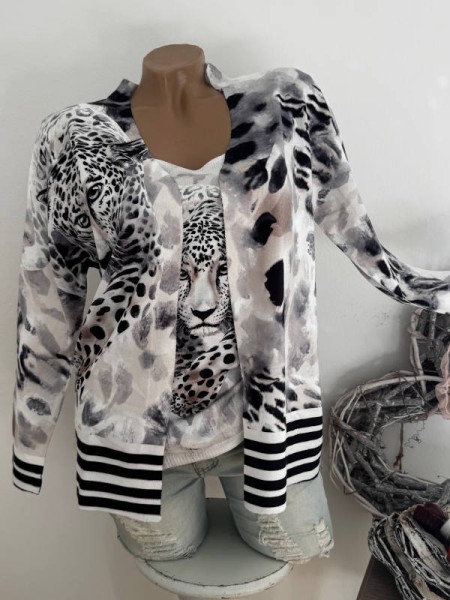 2tlg MISSY S/M 36 38 Jacke Cardigan + Glattstrick Longtop Glitzer Tiger Animal Muster