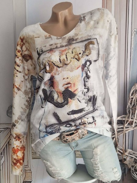 Pulli NEU Feinstrick Pullover M/L 38 40 V-Neck MISSY weiss bunt Faceprint Neu Strass Steinchen