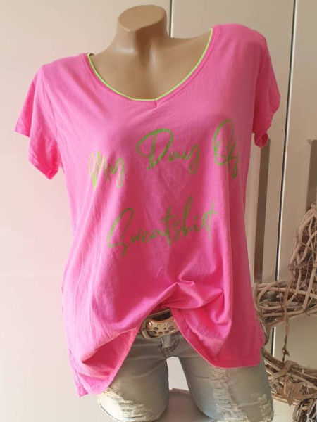 pink neon grün Tunika T-Shirt Made in Italy V-Neck 38-42 Baumwolle