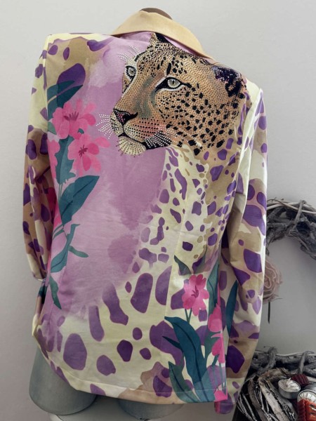 MISSY Blazer XL 42 Jackett Glitzer Steinchen lila Leopard Leo floral Neu Strass Nieten