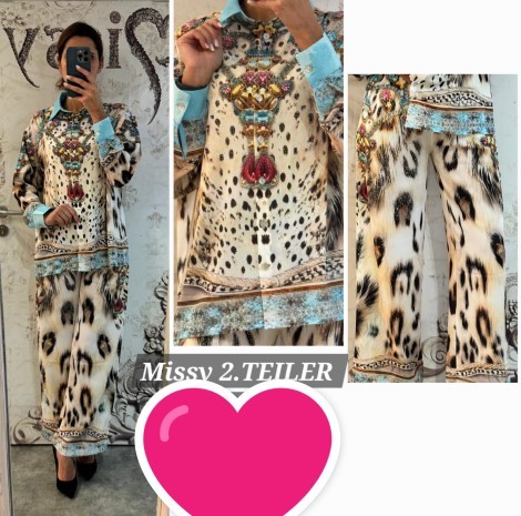 XL 42 MISSY 2Tlg 2tlg weite Hosenbeine Hose + Tunika Bluse Kragen bunt Glitzer Neu