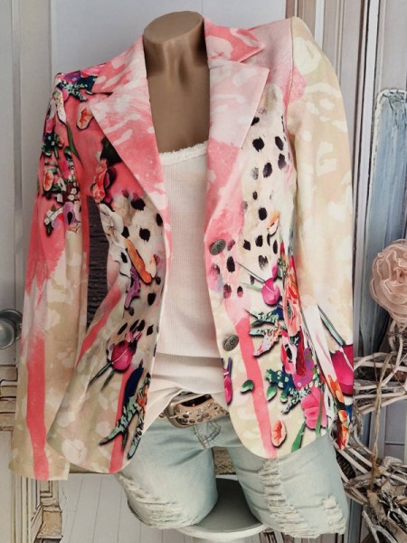 MISSY Kurzblazer M 38 Blumen rosa pink bunt Tiger Mix Blazer Neu Jackett Jeans Glitzer Nieten Neu