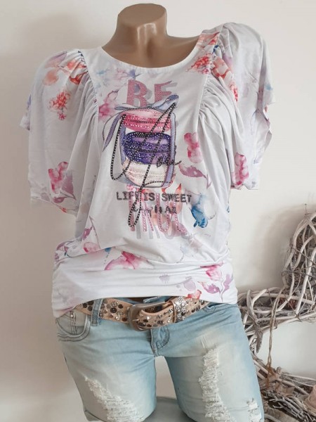 S 36 MISSY Tunika Shirt weite Schmetterlingsärmel schöner Print weiss bunt NEU