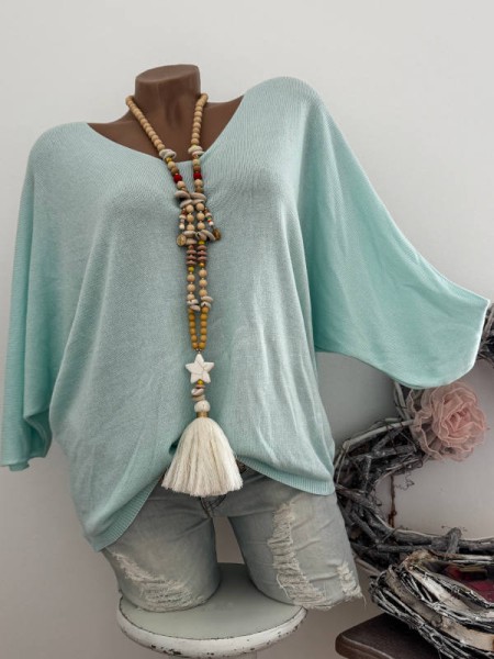 aqua Tunika Glattstrick Pullover Oversized Italy 38-42 Fledermausarm 1/2 Arm