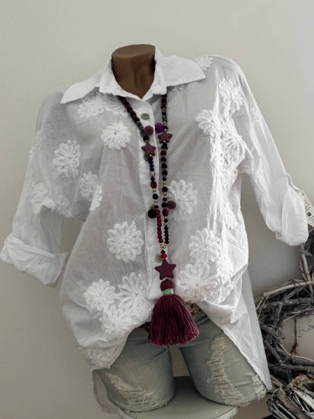 Stickerei 38-42 Tunika Bluse Hemdbluse Made in Italy weiss NEU