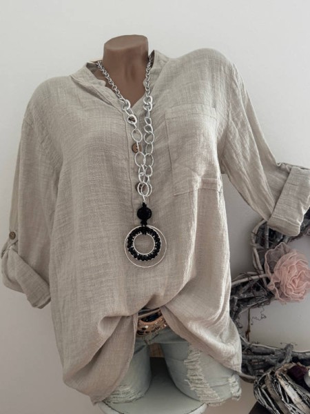 Tunika Hemdbluse Bluse beige Made in Italy 40-44 Musselin Leinenoptik