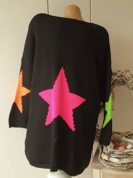 Oversized Pullover Long Pulli Vokuhila Made in Italy 38-44 schwarz mit neon Sternen