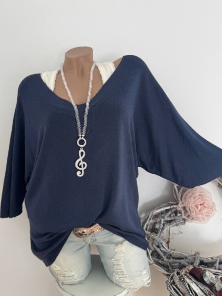 dunkelblau Tunika Glattstrick Pullover Oversized Italy 38-42 Fledermausarm 1/2 Arm