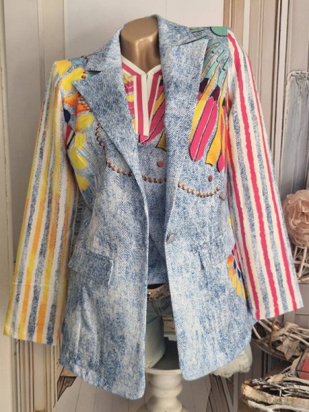 MISSY Blazer XL 42 Longblazer Jackett Paspeltaschen Jeanslook bunt gemustert Glitzer