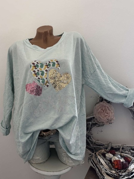 Langarmshirt Pailetten Herzen mint Tunika NEU 40-44 Made in Italy