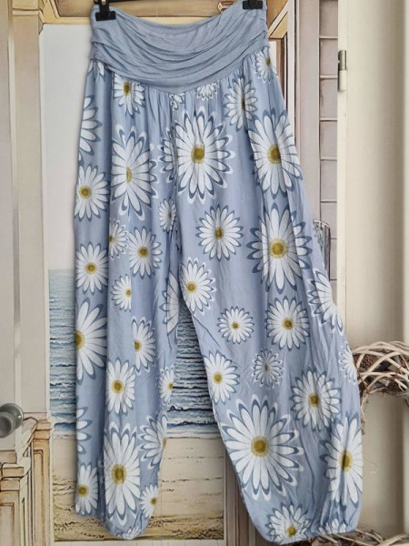 Ballonhose Pluderhose hellblau mit Margeriten Blumen Italy Pumphose 36-42