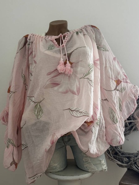 Tunika Bluse 38 40 42 44 46 48 weite Ärmel rosa floral Italy NEU