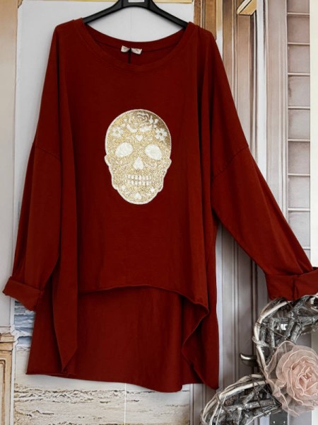 Vokuhila Longsleeve Tunika 42-44 Print Skull Made in Italy rostbraun NEU