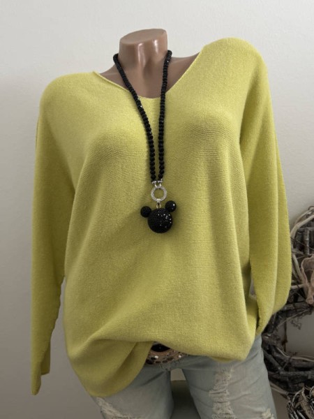 V-Neck Flausch Pullover Pulli grüngelb 40-44 Neu Tunika Made in Italy