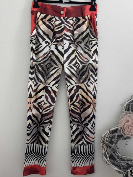 Hose MISSY S 36 Knopfleiste dunkle Koralle Zebra Animal Mix Glitzernieten Neu