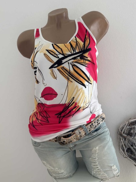 Top M 38 Longtop MISSY Trägertop weiss pink orange Abstrakter Print Nieten Neu