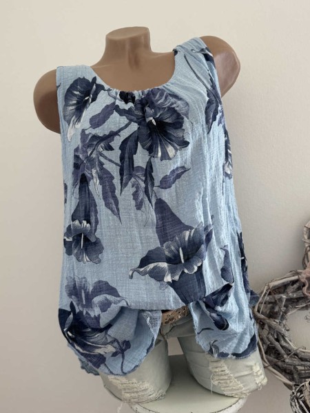 Ärmelloses Tunika Top 2-lagig 38-44 hellblau floral Made in Italy Musselin Baumwolle Neu