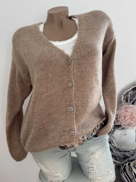 Strickjacke 36-42 Cardigan hellbraun Knopfleiste Ärmel überschnitten Made in Italy