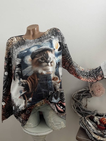 Longsleeve Feinstrick Tunika bunt gemustert 40-44 Made in Italy Katze mit Mütze