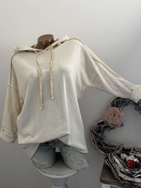 Baumwolle Sweatshirt Hoodie vanille beige Bindebändchen Kapuze Tunika Made in Italy 38-42 NEU