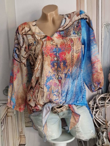 MISSY M 38 Bluse Hemdbluse Tunika vorne zum binden Jeans/Paisley Skull Mix Letterprint Glitzer NEU