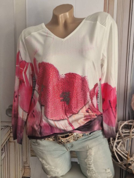 MISSY Tunika S 36 raffbar Glitzer Shirt 3/4 Ärmel pink wollweiss Ausbrenner Bündchen NEU
