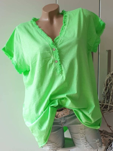 neon grün Tunika Shirt Knopfleiste 40 42 44 Italy Säume gewollt franselig Neu V-Neck Baumwolle