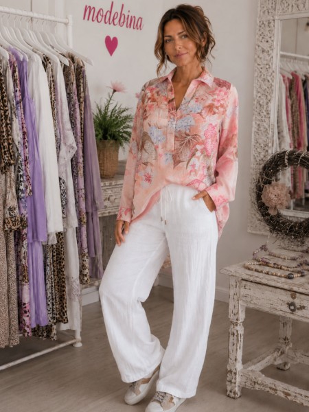 M 38 Bluse MISSY Tunika Neu V-Neck rosa gemustert Langarm