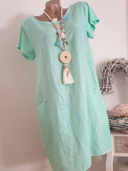neon mint Kleid 38 40 42 Kurzarmkleid Baumwolle Italy A-Linie Taschen