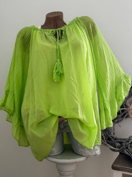 Tunika Bluse leuchtendes limettengrün weite Ärmel Bindebändchen 38-48 Made in Italy Neu