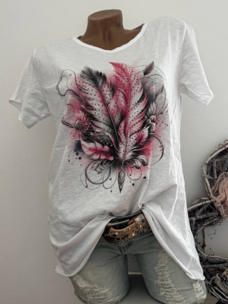 T-Shirt NEU weiss Federn grau pink Shirt Italy Nieten 36 38 40 42