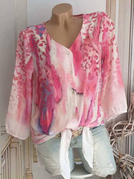MISSY L 40 Bluse Hemdbluse Tunika vorne zum binden pink rosa Nieten NEU