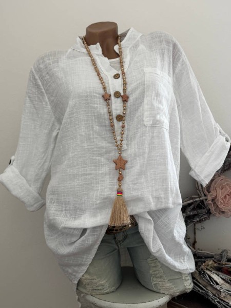 weiss Made in Italy Tunika Bluse Hemdbluse 38-44 Musselin Leinenoptik