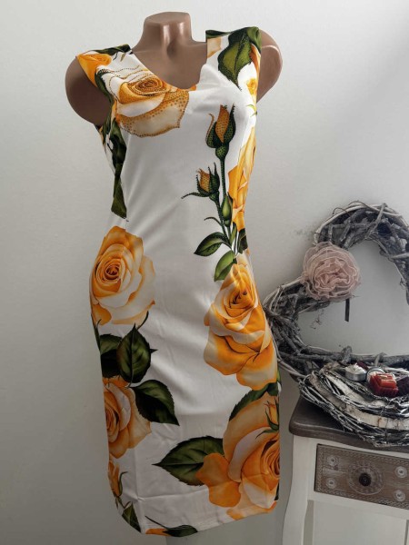 MISSY Trägerkleid M 38 Kleid Stretchkleid Neu weiss gelbe Rosen Glitzer Steinchen