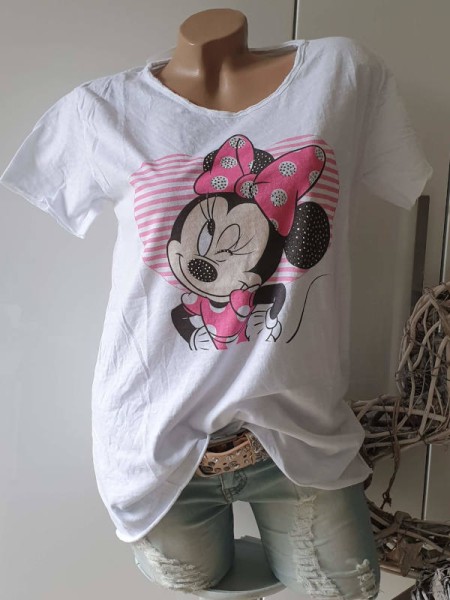 süsser Mouse Print Baumwolle T-Shirt Tunika weiss Glitzer Nieten ITALY Onesize 36-40/42