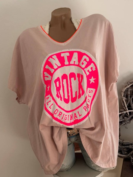 Tunika T-Shirt 40-44 Made in Italy V-Neck rosa Neon Print