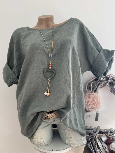 Bluse 2tlg Tunika oliv Musselin Baumwolle Made in Italy Neu 38-42