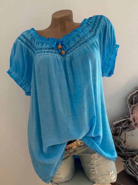 Tunika himmelblau Carmen Bluse 40-44 Viskose luftig Off Shoulder Italy