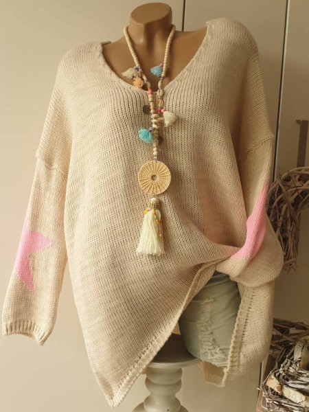 Oversized Pullover Long Pulli Vokuhila Made in Italy 38-44 beige rosa Sterne