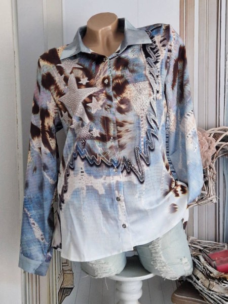 MISSY L 40 Bluse Hemdbluse dickeres Material blau Leo Destroyed Häkelspitzenprint Neu